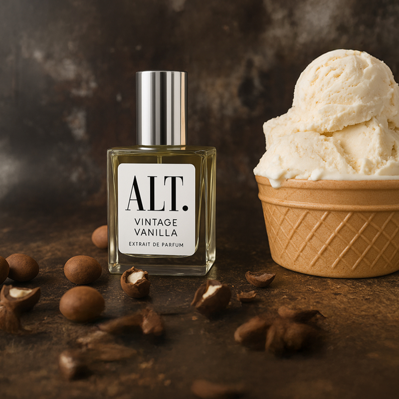 ALT. Fragrances Vintage Vanilla Perfume next to Vanilla Ice Cream. Byredo Antique Vanille Dupe.