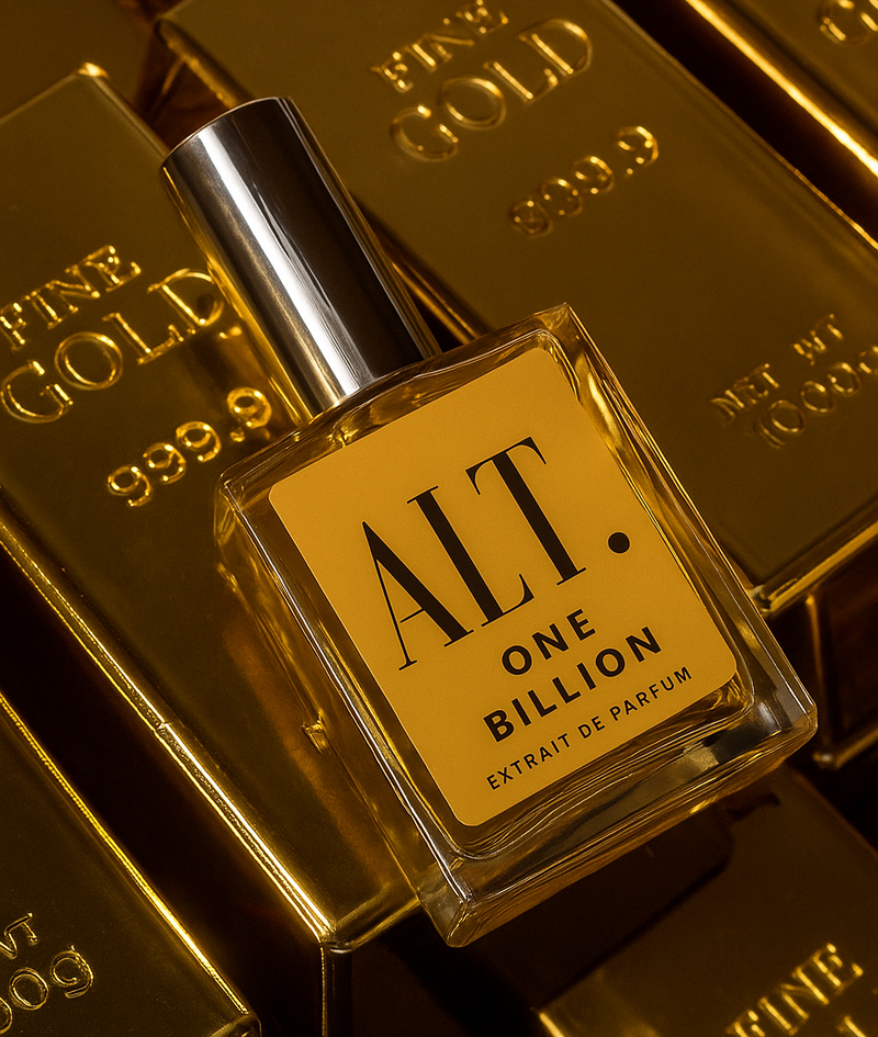 Paco Rabanne 1 Million Dupe. ALT. Fragrances One Billion cologne bottle lying on Gold Bars.