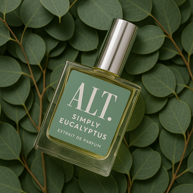 ALt. Simply Eucalyptus (Le Labo Eucalyptus 20 Dupe) perfume bottle on top of Eucalyptus plant. 