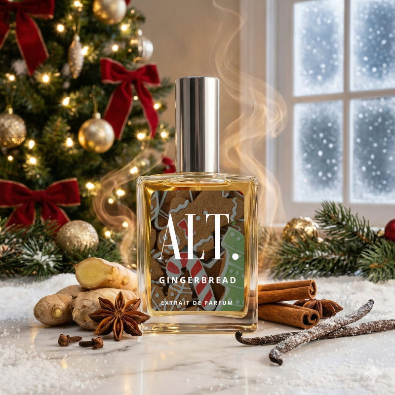 Gingerbread-themed perfume bottle with Christmas decorations in the background
