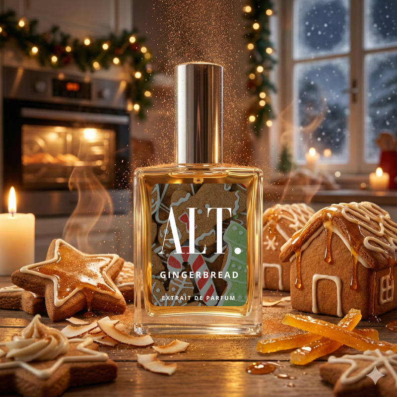 Gingerbread-themed perfume bottle with festive gingerbread cookies and decorations in the background.